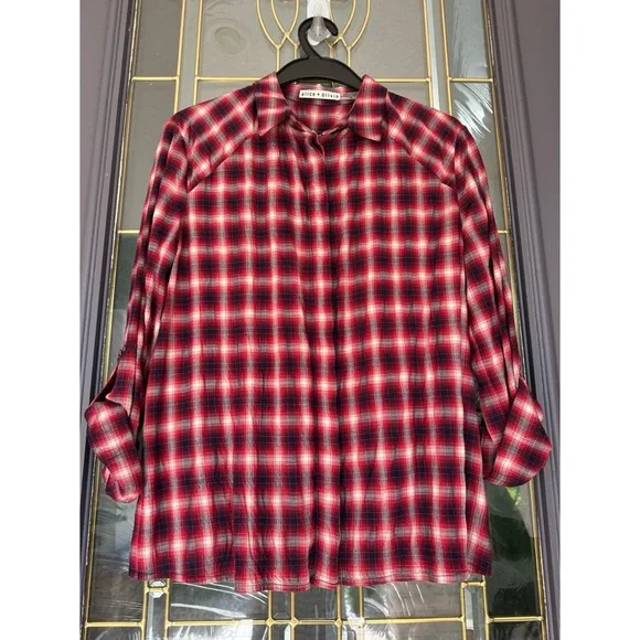 Alice + Olivia Glenna Red Plaid roll cuff shirt SM. Excellent condition - Picture 5 of 6